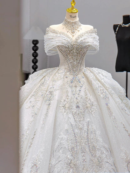 Modest Ball Gown Off The Shoulder Short Sleeves Fitted Tulle Corset Wedding Dress Long Bridal Gown Wedding Dresses DH2909