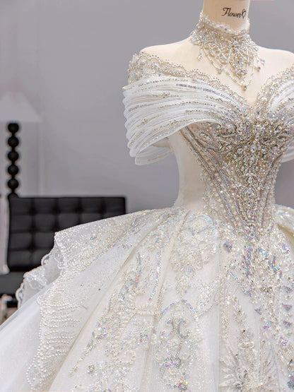 Modest Ball Gown Off The Shoulder Short Sleeves Fitted Tulle Corset Wedding Dress Long Bridal Gown Wedding Dresses DH2909
