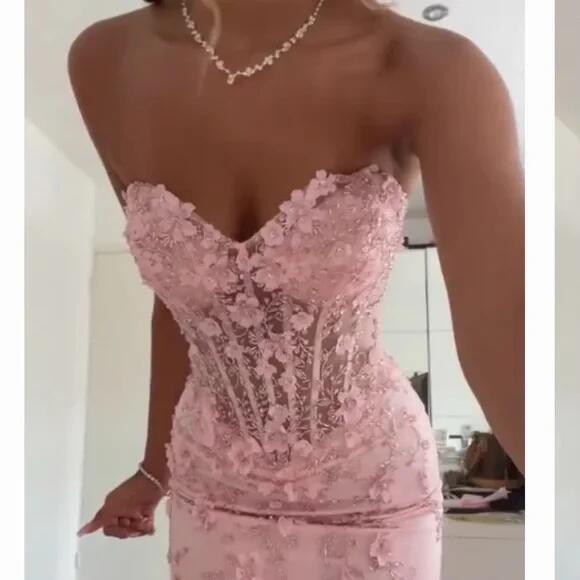 Mermaid Sweetheart Sleeveless Tulle Pink Long Formal Dresses Prom Dress AB942