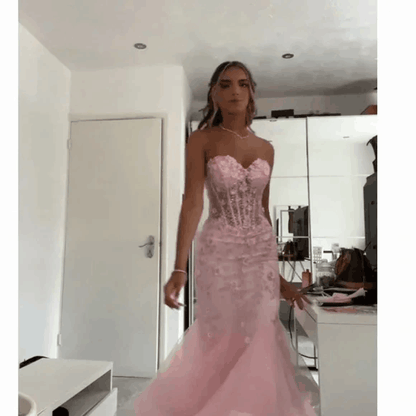 Mermaid Sweetheart Sleeveless Tulle Pink Long formal dresses AB941