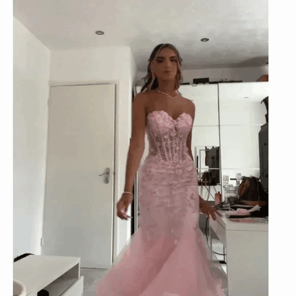 Mermaid Sweetheart Sleeveless Tulle Pink Long Formal Dresses Prom Dress AB942