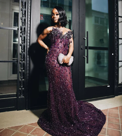 Sexy Special Occasion Dress Mermaid Sweetheart Grape Sequins Prom Dresses With Beads Gem Party Dress Long Evening Dresses AB2103