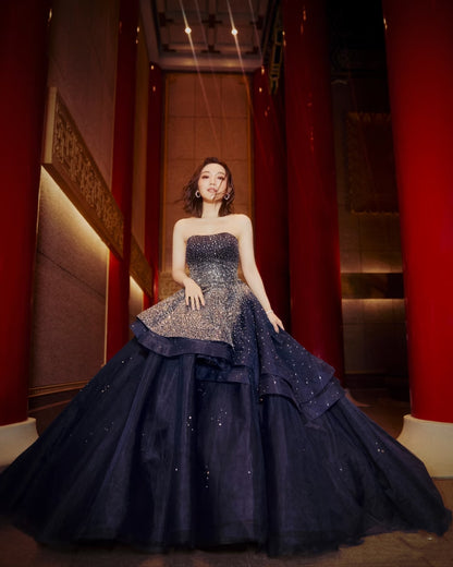 Luxury Quinceanera Dresses Ball Gown Strapless Tulle Navy Blue Birthday Gowns Vestidos De 15 Anos Long Sweet 16 Dress RB1216