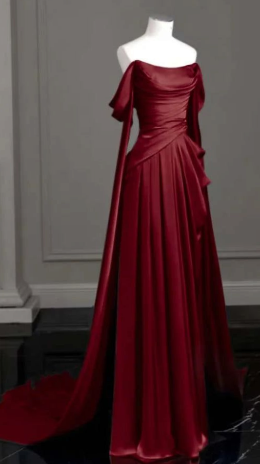 Elegant Wine Red Off The Shoulder Satin Prom Dresses Evening Occasion Dress N1865