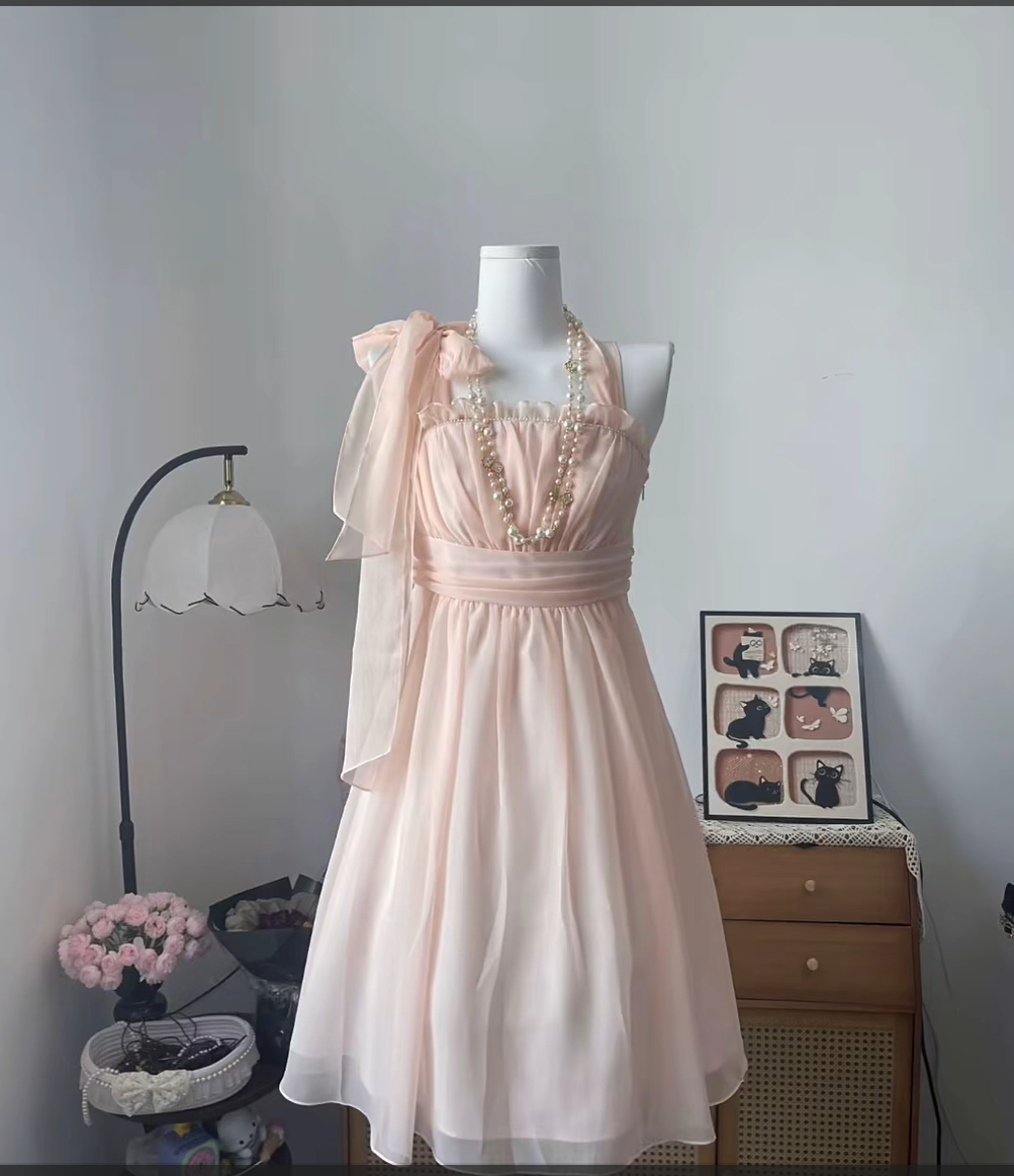 Vintage A Line Halter Pink Chiffon With Bow 16th Birthday Homecoming Dress Graduation Outfits RB6803