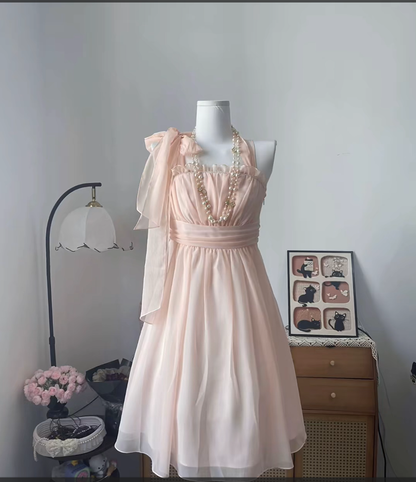 Vintage A Line Halter Pink Chiffon With Bow 16th Birthday Homecoming Dress Graduation Outfits RB6803