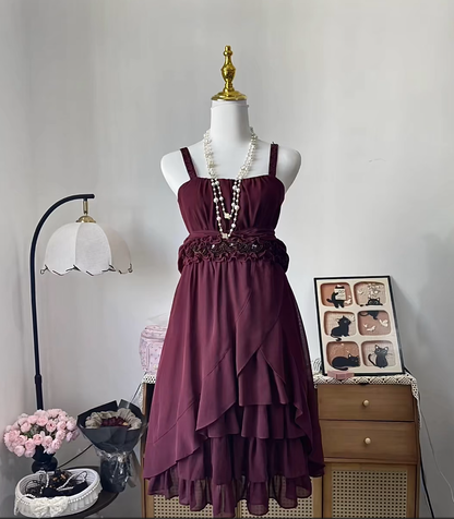 Vintage A Line Spaghetti Strap Burgundy Chiffon With Flowers 16th Birthday Homecoming Dress Graduation Outfits RB6804