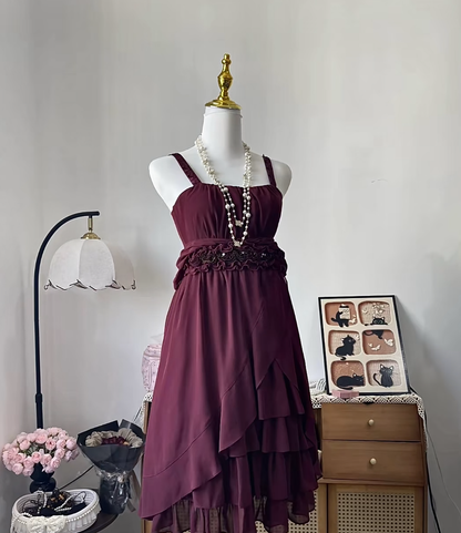 Vintage A Line Spaghetti Strap Burgundy Chiffon With Flowers 16th Birthday Homecoming Dress Graduation Outfits RB6804