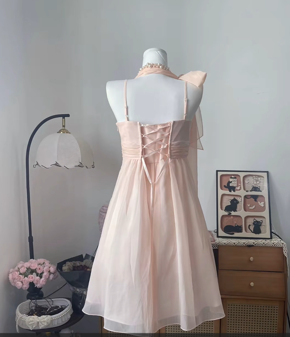 Vintage A Line Halter Pink Chiffon With Bow 16th Birthday Homecoming Dress Graduation Outfits RB6803