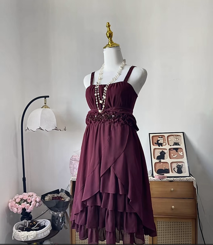 Vintage A Line Spaghetti Strap Burgundy Chiffon With Flowers 16th Birthday Homecoming Dress Graduation Outfits RB6804