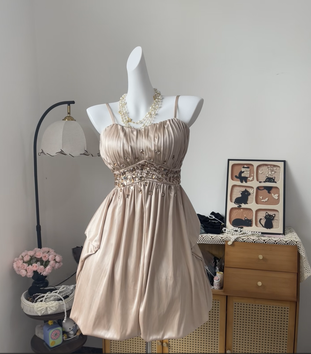 Modest A line Spaghetti Strap Champagne Short High School Homecoming Dress Inspo Ideas Mini Party Dresses RB6964