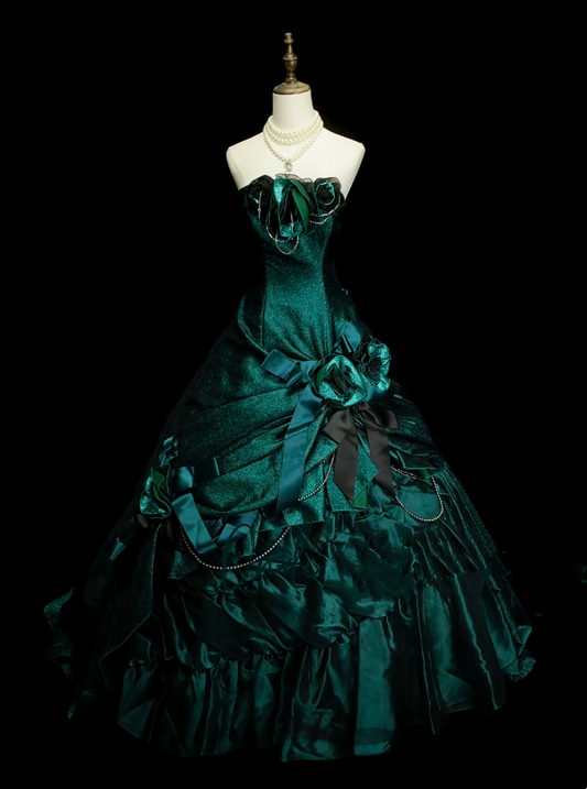 Vintage Ball Gown Strapless Dark Green Satin Sweet 16 Dresses Quinceanera Dress Long 15 Vestidos De Fiesta N1324