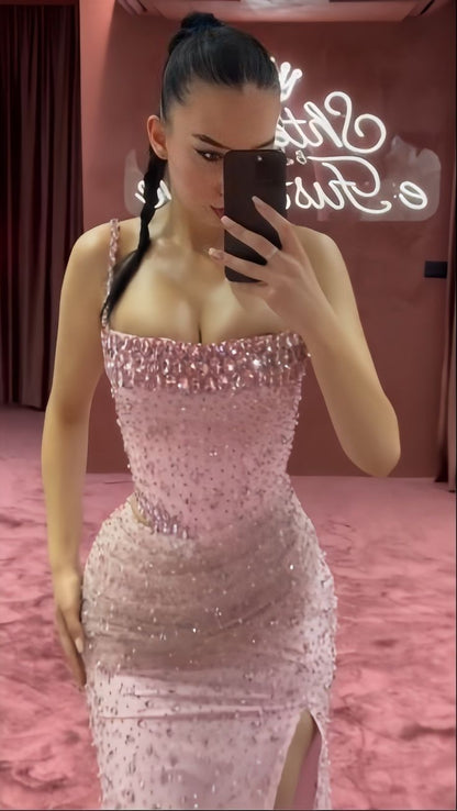 Unique Mermaid Spaghetti Straps Silver Sequin Pink Prom Dresses Long Party Dress 22th Birthday Outfits Formal Gown RA002
