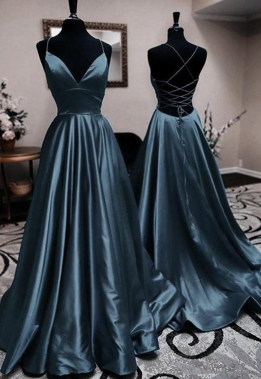 Classy A Line Spaghetti Straps Dark Teal Backless Prom Dresses Formal Dress Birthday Outfits Prom Gown RA003