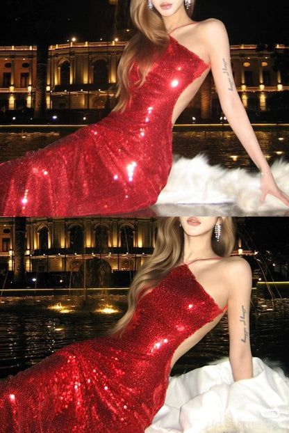 Classy Mermaid Halter Red Sequin Long Prom Dresses Formal Dress Birthday Outfits Prom Gown RA006