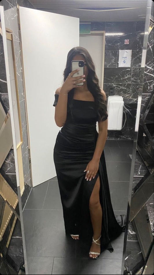 Classy Mermaid Off The Shoulder Black Satin Floor Length Prom Dresses Formal Dress Birthday Outfits Prom Gown RA007