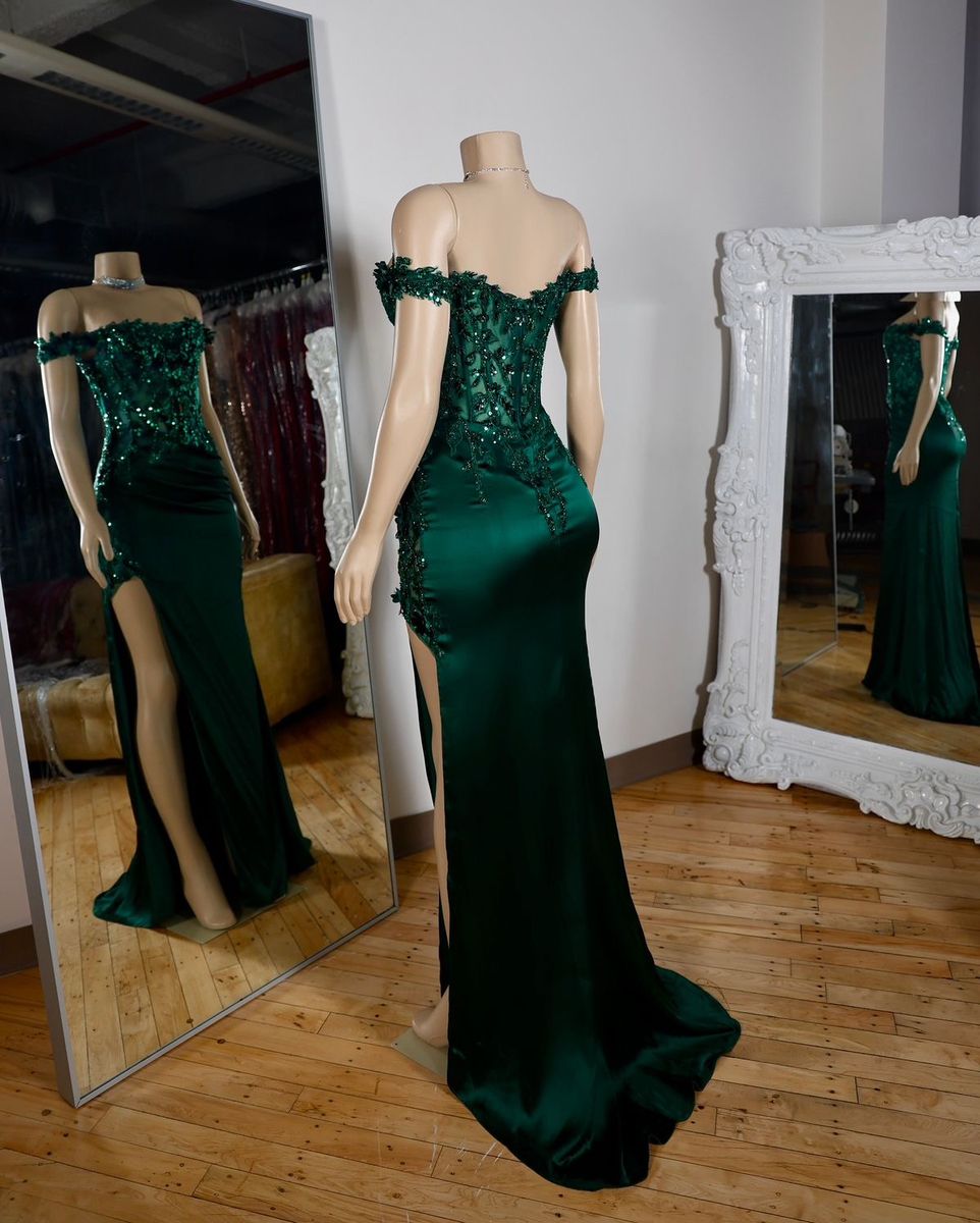 Modest Mermaid Off The Shoulder Dark Green Satin Floor Length Prom Dresses Formal Dress Birthday Outfits Prom Gown RA009