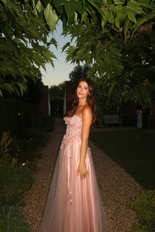 Unique A Line Strapless Blush Pink Lace Prom Dresses Long Party Dress 22th Birthday Outfits Formal Gown RA010