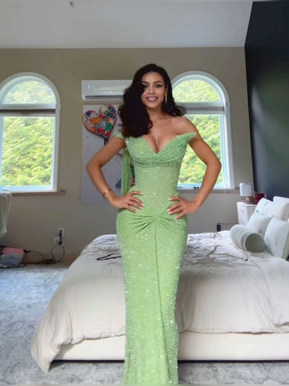 Shiny Mermaid Sweetheart Green Sequins Sleeveless Pleated Long Prom Dresses Inspo Prom Gown RB1378
