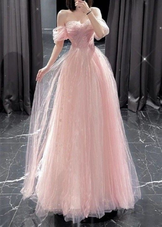 Classy A line Off The Shoulder Tulle Pink Long Prom Dresses Formal Dress Birthday Outfits Prom Gown RA023
