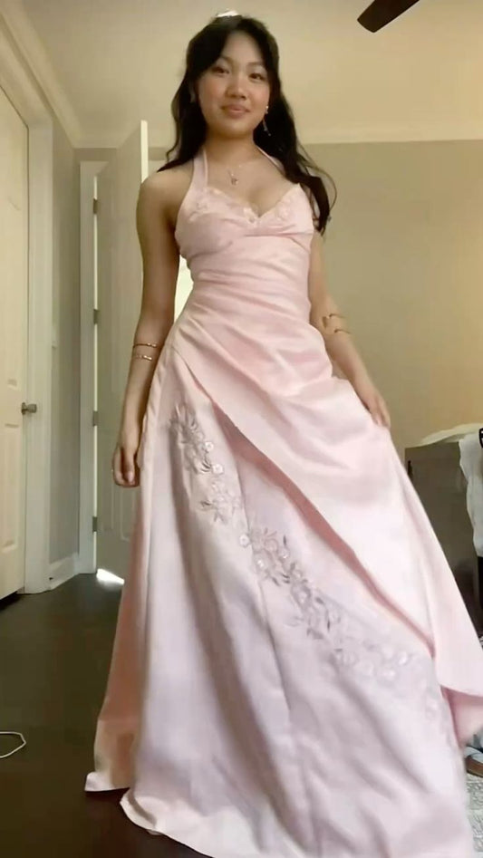 Pretty Ball Gown Halter Pink Prom Dresses Formal Dress 18th Birthday Outfits Prom Gown RA029