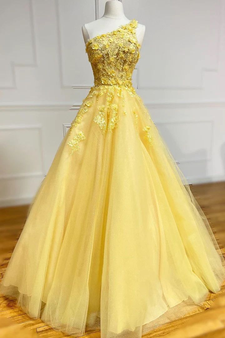 Classy Ball Gown One Shoulder Lace Tulle Yellow Long Prom Dresses Formal Dress Birthday Outfits Prom Gown RA030
