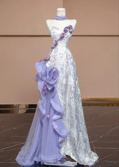 Modest Mermaid Sweetheart Lilac Tulle Silver Sequin Floor Length Prom Dresses Formal Dress Birthday Outfits Prom Gown RA037