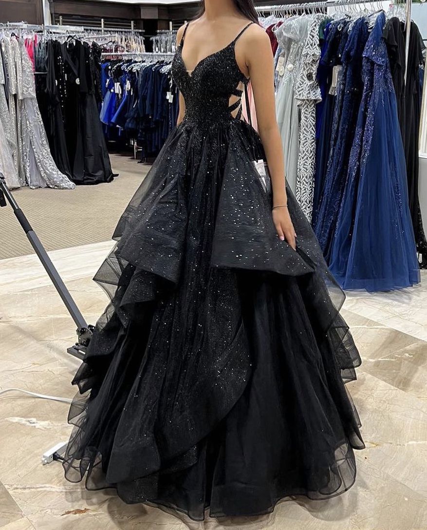 Pretty Ball Gown Spaghetti Straps Black Tulle Prom Dresses Formal Dress 19th Birthday Outfits Prom Gown RA038