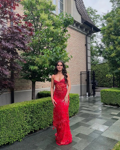 Amazing Mermaid Spaghetti Straps Red Sequin Long Prom Dresses Inspiration Party Dress Prom Gown RB1302