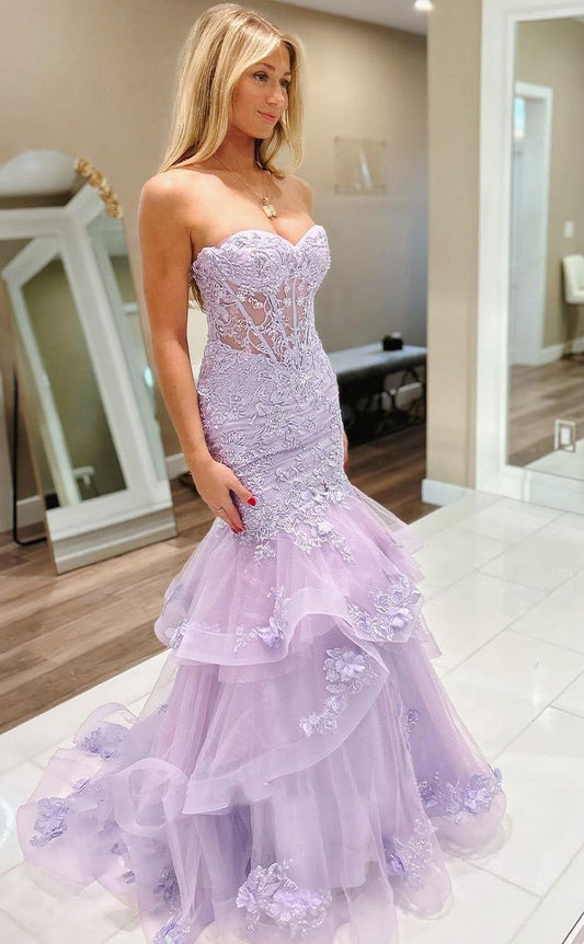 Modest Mermaid Sweetheart Lilac Tulle Appliqued Floor Length Prom Dresses Formal Dress Birthday Outfits Prom Gown RA063