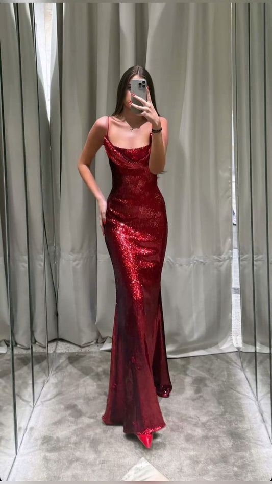 Modern Mermaid Spaghetti Straps Burgundy Sequin Prom Dresses Formal Dress 18th Birthday Outfits Prom Gown RA066