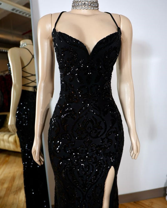 Sexy Mermaid Spaghetti Straps Black Sequin Slit Prom Dresses Formal Dress 18th Birthday Outfits Prom Gown RA074