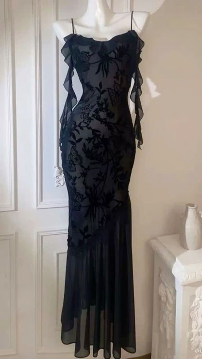 Vintage Mermaid Spaghetti Straps Black Lace Prom Dresses Formal Dress 18th Birthday Outfits Prom Gown RA076