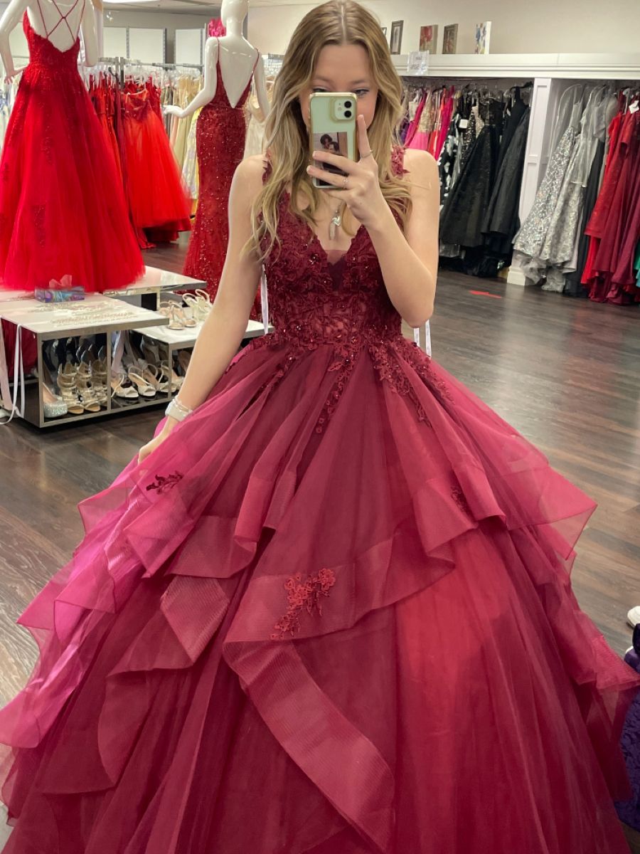 Classy Ball Gown Spaghetti Straps Burgundy Tulle Long Prom Dresses Inspiration Party Dress Prom Gowns RA086