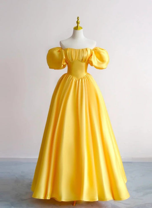 Simple A Line Off The Shoulder Satin Yellow Prom Dresses Formal Dress 18th Birthday Outfits Prom Gown RA087