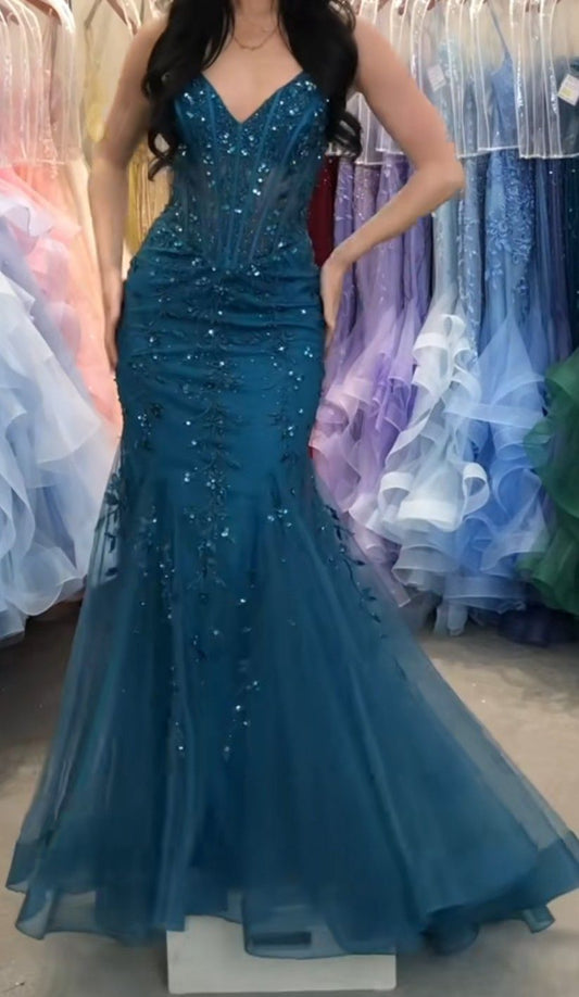 Sexy Mermaid Spaghetti Straps Navy Blue Lace Tulle Prom Dresses Formal Dress 18th Birthday Outfits Prom Gown RA092