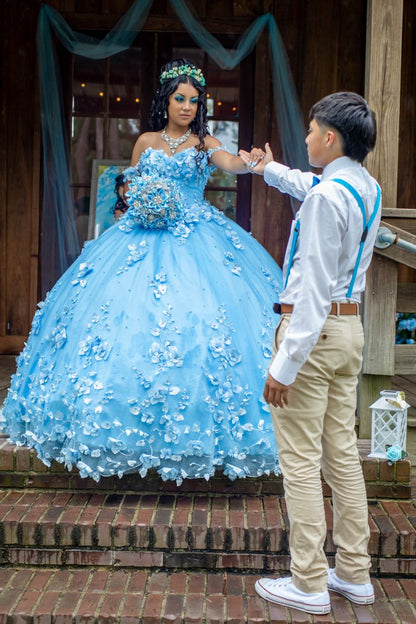 Charming Ball Gown Off The Shoulder Blue Flowers Satin Long Quinceanera Dress Sweet 15 16 Dresses RA096