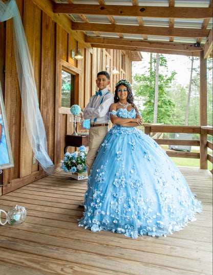 Charming Ball Gown Off The Shoulder Blue Flowers Satin Long Quinceanera Dress Sweet 15 16 Dresses RA096