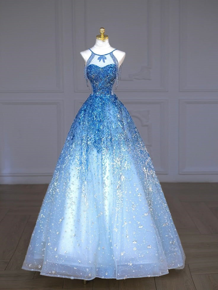Shinning Ball Gown Blue Beaded Tulle Senior Aesthetic Prom Dresses Prom Gowns Formal Outfits Graduation Dress RA097