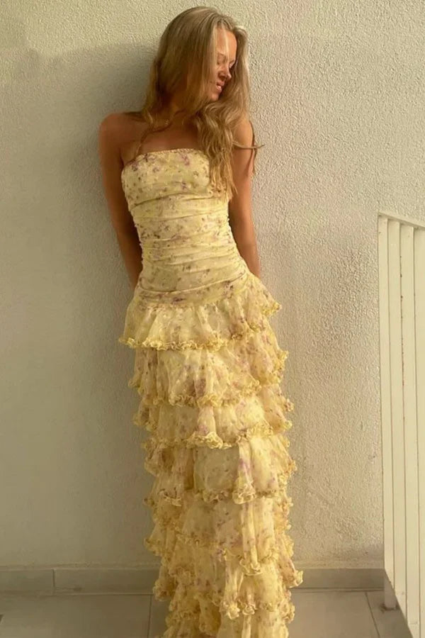 Sexy Mermaid Strapless Floral Yellow Prom Dresses Long Party Dress 21st Birthday Outfits Graduation Dress RB969
