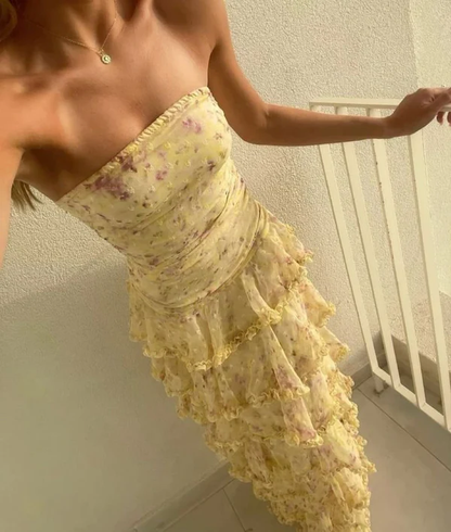Modest Sheath Strapless Yellow Chiffon Floral Long Prom Dresses Party Dress 22th Birthday Outfits Graduation Dress RB010