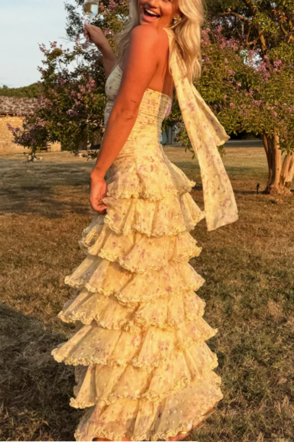 Sexy Mermaid Strapless Floral Yellow Prom Dresses Long Party Dress 21st Birthday Outfits Graduation Dress RB969