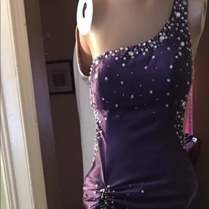 Vintage Mermaid One Shoulder Grape Satin Sleeveless Long Prom Dresses Party Dress 21st Birthday Outfits Graduation Dress RB017