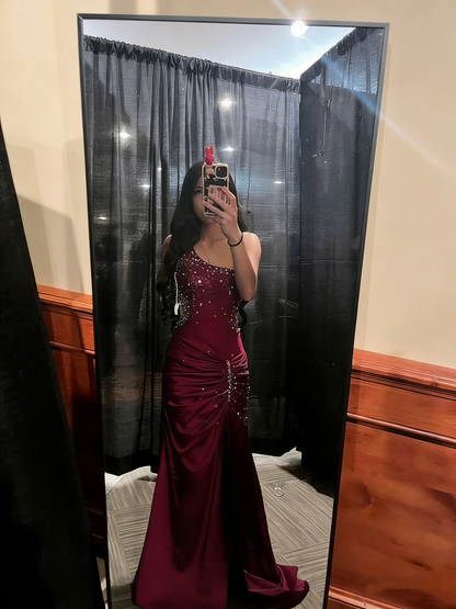 Vintage Mermaid One Shoulder Grape Satin Sleeveless Long Prom Dresses Party Dress 21st Birthday Outfits Graduation Dress RB017
