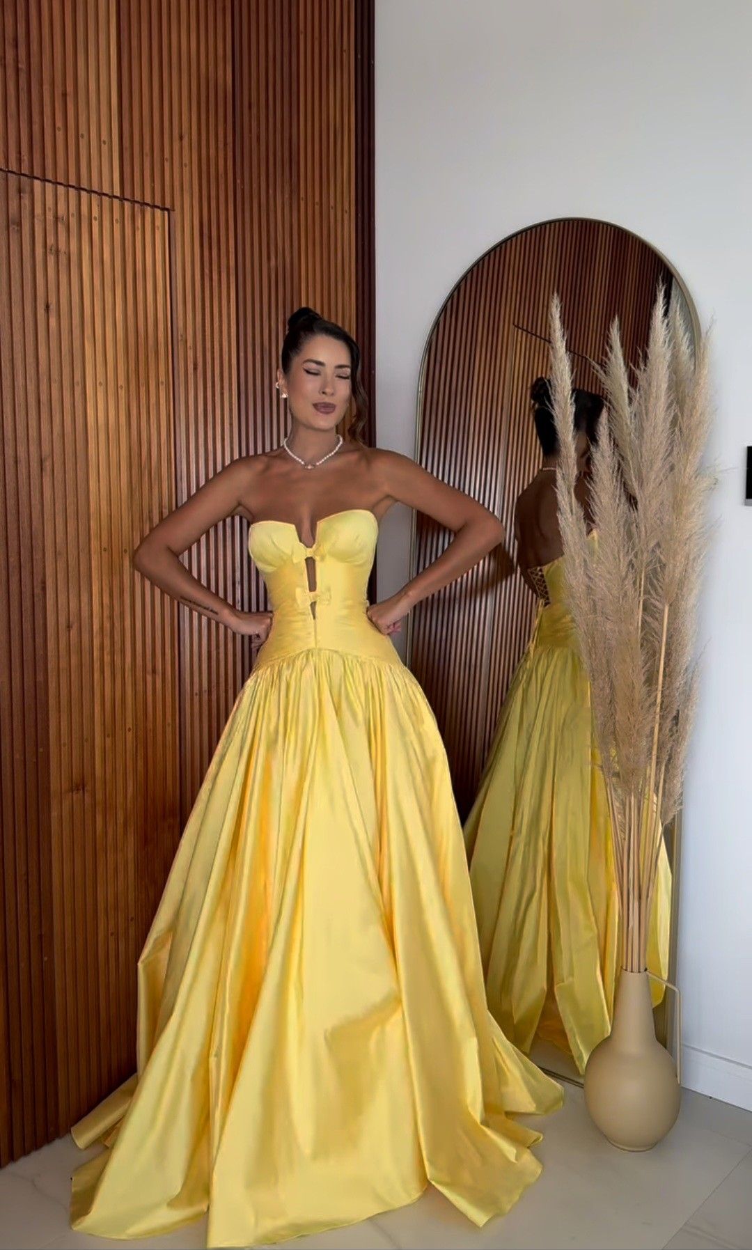 Ethereal Ball Gown Strapless Yellow Satin Prom Dresses Long Party Dress 18th Birthday Outfit Graduation Dress RB1001