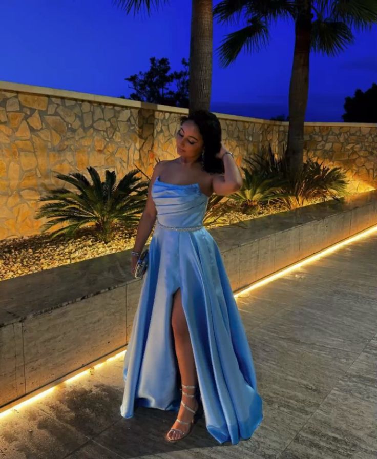 Unique Ball Gown Strapless Light Sky Blue Slit Prom Dresses inspiration Long Party Dress Birthday Outfits Graduation Dress RB1011