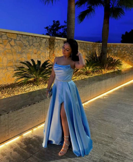 Unique Ball Gown Strapless Light Sky Blue Slit Prom Dresses inspiration Long Party Dress Birthday Outfits Graduation Dress RB1011