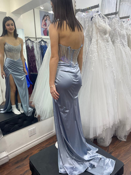 Sexy Mermaid Strapless Satin Slit Prom Dresses Long Party Dress 21st Birthday Outfit Graduation Dress RB1016