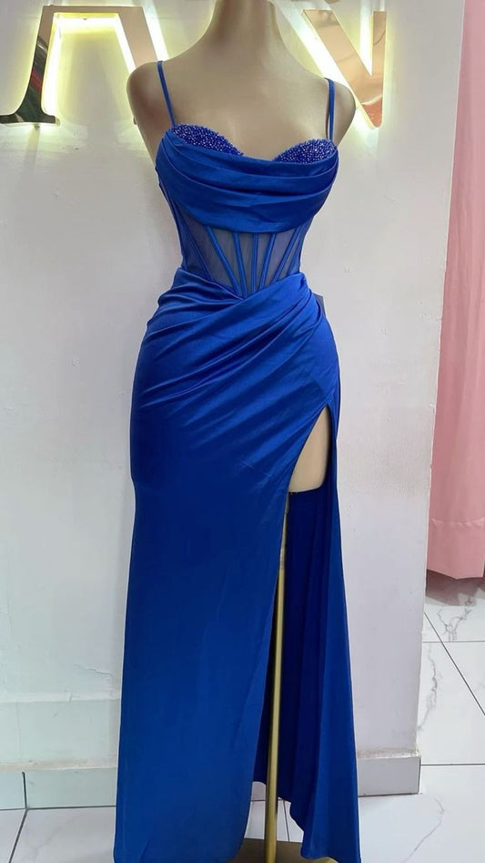 Unique Mermaid Spaghetti Straps Royal Blue Slit Prom Dresses Long Party Dress Birthday Outfits Graduation Dress RB1017