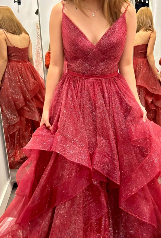 Classy Ball Gown Spaghetti Straps Red Sequin Prom Dresses Long Party Dress 18th Birthday Outfit Graduation Dress RB1034